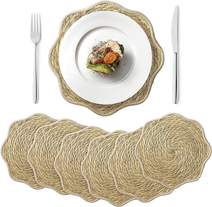 13.8 inch Round Woven Placemats Set of 6 Scalloped Placemats Boho Rattan Place mats Natural Water Hyacinth Flower Shaped Farmhouse Weave Mats Rustic Braided Wicker Mats for Dining Table Home Wedding