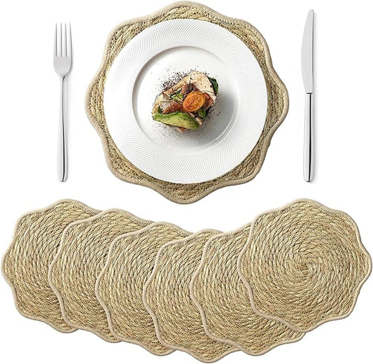 13.8 inch Round Woven Placemats Set of 6 Scalloped Placemats Boho Rattan Place mats Natural Water Hyacinth Flower Shaped Farmhouse Weave Mats Rustic Braided Wicker Mats for Dining Table Home Wedding