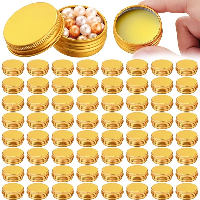 Patelai 64 Pieces Lip Balm Tin Containers Screw Top Round Tin Cans Aluminum Jar with Screw Lid, Empty Bottle Travel Cosmetic Sample Container for DIY(0.5 oz,Gold)