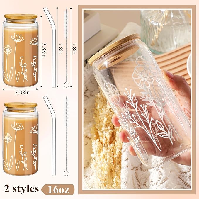 Mumufy Gift for Women Cute Glass Cup Tumbler Flower Iced Coffee Mugs 16 oz Glass with Bamboo Lid & Straw, Mothers Day Birthday Gift for Mom Sister Bridesmaid Baby Shower(2 Pack,Boho Flower)