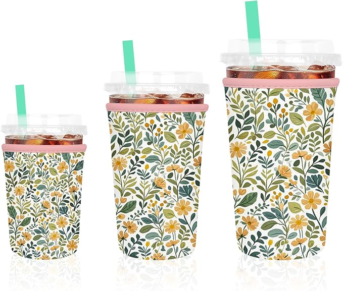 3 Pack Iced Coffee Sleeve, Reusable Insulated Neoprene Cup Sleeve for Cold & Hot Drinks Beverages, Cup Holder for 16-32oz Coffee Cups, Abstract Leaf