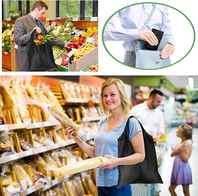 100 Pack Reusable Grocery Bags Bulk Polyester Shopping Bags Foldable Shopping Tote Pouch for Grocery 50 Lbs Washable(Black)