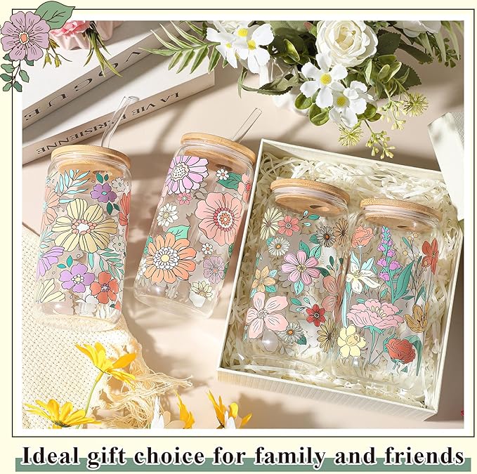 Mumufy 4 Pcs Gift for Women Bohemian Flower Cute Glass Cup Tumbler Boho Floral Iced Coffee Mugs 16 oz Glass with Bamboo Lid & Straw, Mothers Day Birthday Gift for Mom Sister Bridesmaid Baby Shower