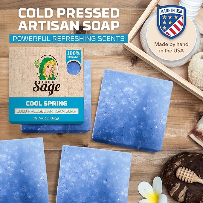 Natural Bar Soap for Men - Vegan Bath Soap Bars Gift Set - Handmade Cold Process Soap w/Essential Oil, Cool Spring Scent (4 Pack)