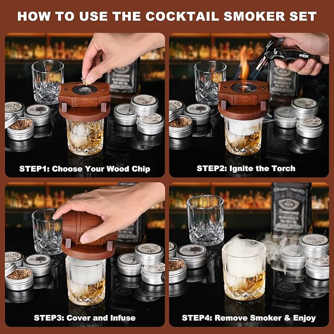 Whiskey Smoker Kit with Torch No Butane, 6 Flavors Wood Chips, 2 Whiskey Glasses, 2 Ice Ball Molds, Cocktail Drink Smoker Kit, Old Fashioned Smoker Kit, Birthday Anniversary Bourbon Gifts for Men Dad