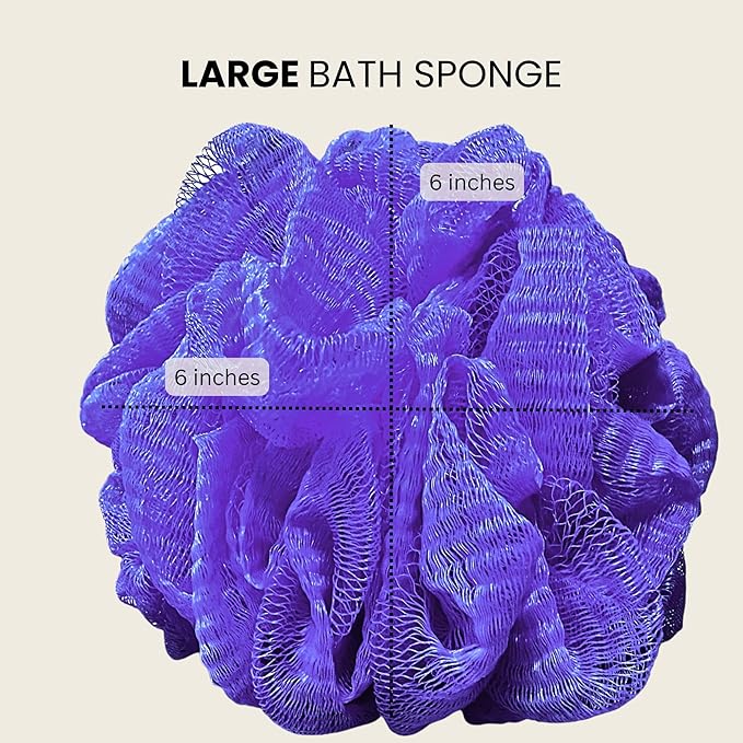 Large Purple Bath Sponge Pack of 3 – Gentle Exfoliation Loofahs with Suction Cup for Easy Drying, Soft 70G Mesh Poufs for All Skin Types, Lather for Daily Use