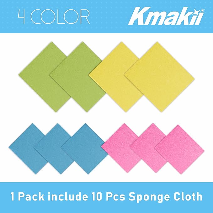 KMAKII Reusable Swedish Dishcloths - Absorbent, Long-Lasting Sponge Cloths for Kitchen and Home Cleaning (Red, Blue, Green, Yellow), Pack of 10