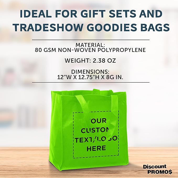 DISCOUNT PROMOS Custom Reusable Cloth Grocery Shopping Tote Bags Set of 10/50/100, Personalized Bulk Pack - Foldable, Washable, Shopper Bag - Lime Green