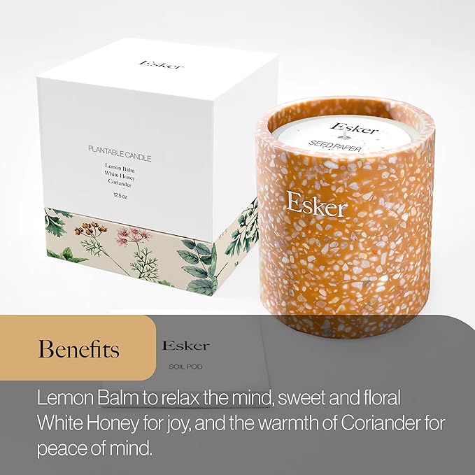 Esker Terracotta Plantable Candle – Hand-Poured Soy Wax with Essential Oils, Eco-Friendly Reusable Planter, Includes Wildflower Seed Paper for Sustainable Gifting