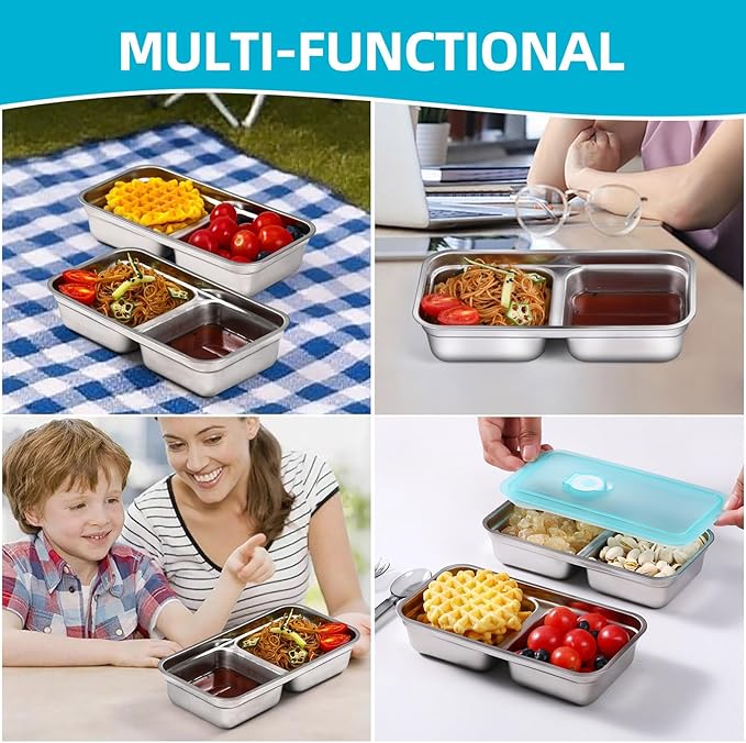 Stainless Steel Snack Containers with Lids, 4 Pack Reusable Grab and Go 2 Compartment Lunch Box for Travel & Outdoor Campin.