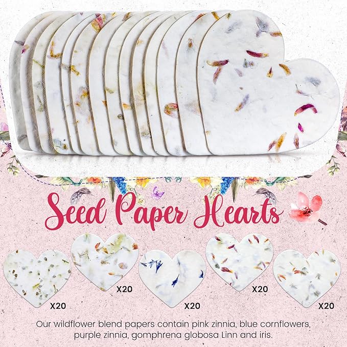 200 Pcs Handmade Seed Paper Plantable Wildflower Seed Paper Recycled Flower Petals Tags Wedding Favors for Guests Craft Gifts Cards for Envelope Birthday Party, 5 Styles (Heart/Butterfly)