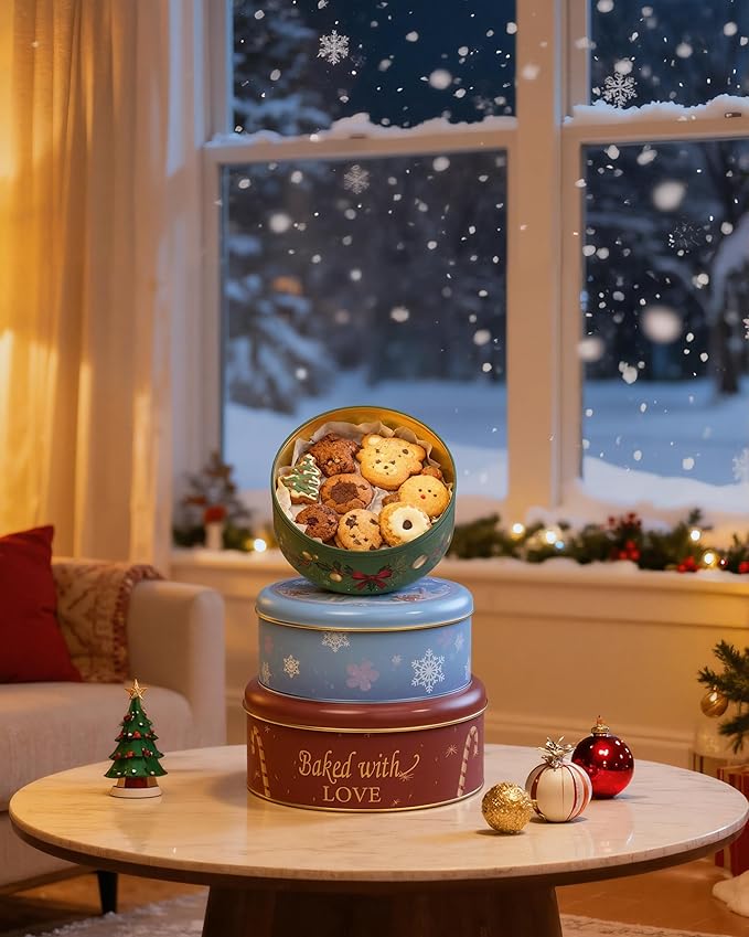 Christmas Cookie Tins with Lids, Set of 3 Larger Holiday Containers for Homemade Cookies, Gifts, Treats, Reusable Round Metal Storage Boxes with 3 Premium Greeting Cards & 16.5ft Ribbon