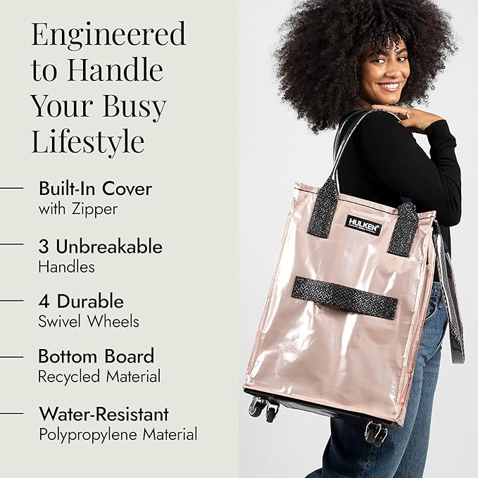 HULKEN (Small, Rose Gold) Reusable Grocery Bag On Wheels, Shopping Trolley, Rolling Tote, Zipper Closure, Lightweight, Carries Up to 66 lb, Folds Flat