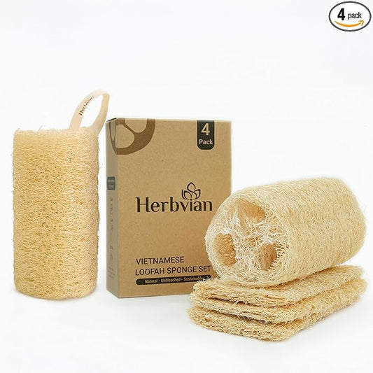 Natural Vietnamese Loofah Sponge, 100% Plant-Based Luffa Exfoliating Body Scrubber for Shower, Multi-Functional for Kitchen, Ideal for Men & Women, Spa & for Pet (Pack 4)