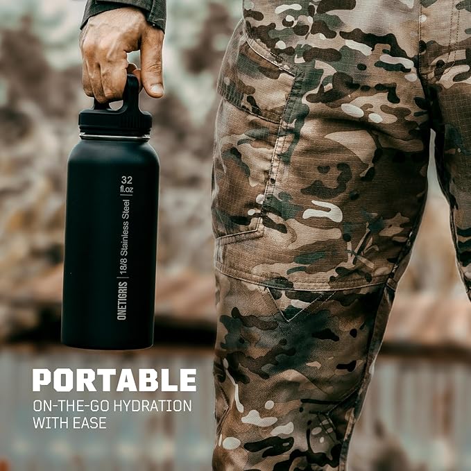 ONETIGRIS 32 oz Insulated Water Bottle with Straw - Tactical Stainless Steel Water Jug, Leakproof Thermos Wide Mouth Sport bottle with 3 Lids and Sleeve for Travel, Gym, Camping, Hiking