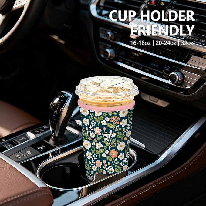Iced Coffee Sleeve, Reusable Insulated Neoprene Cup Sleeve for Cold & Hot Drinks Beverages, Cup Holder for 16oz-18oz Coffee Cups,Classic Flower
