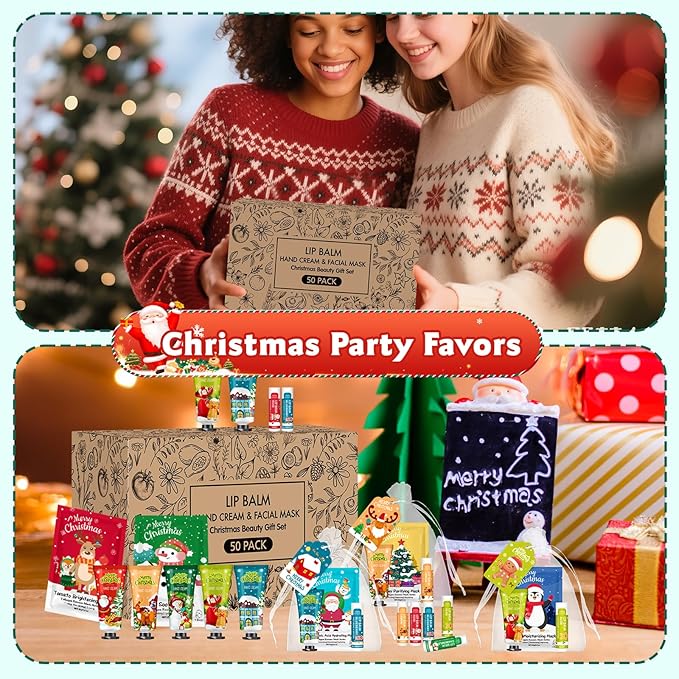 50 Pack Christmas Hand Cream, Facial Mask and Lip Balm Gift Set, Stocking Stuffers for Women, Bulk Christmas Gifts with Christmas Cards Organza Bag for Christmas Party Supplies, Christmas Decorations