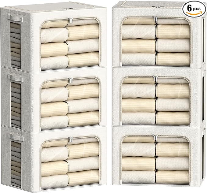 FHSQX 6 Pack Clothes Storage Bins with Metal Frame Foldable Storage Bins for Clothes Linen Fabric Storage Box with Clear Window (Lvory White, 19.7x15.7x13inch(66L))