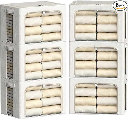 FHSQX 6 Pack Clothes Storage Bins with Metal Frame Foldable Storage Bins for Clothes Linen Fabric Storage Box with Clear Window (Lvory White, 19.7x15.7x13inch(66L))