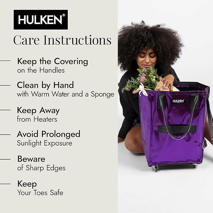 HULKEN - (Large, Ultraviolet) Reusable Grocery Bag On Wheels, Shopping Trolley, Rolling Tote, Zipper Closure, Lightweight, Carries Up to 66 lb, Folds Flat, Unbreakable Handles
