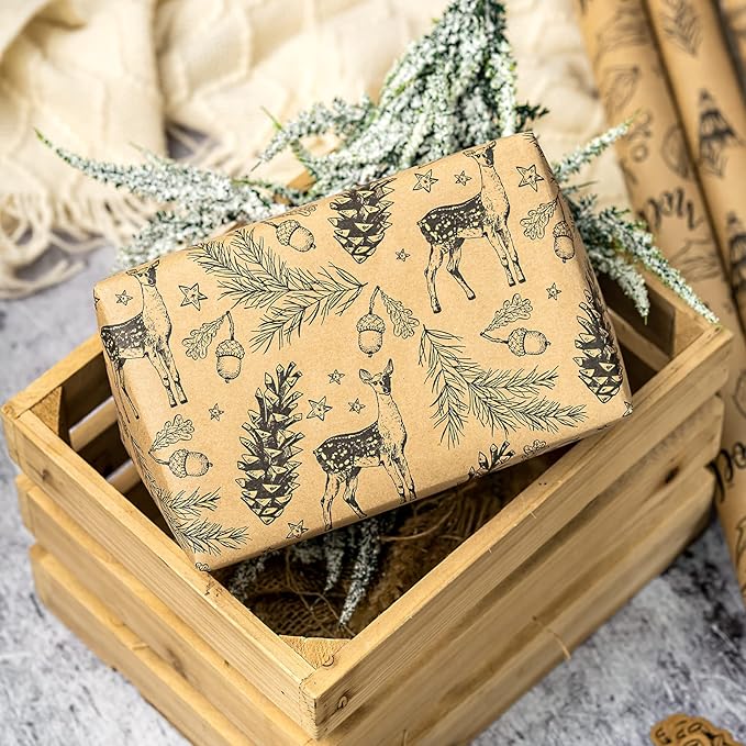 RUSPEPA Christmas Wrapping Paper Set - 4 Rolls of Kraft Wrapping Paper (30 Inches x 10 Feet Per Roll) with 8 Gift Bows, 1 Spools of Bakers Twine, Jute String, 30 Stickers and 30 Gift Tags - Black