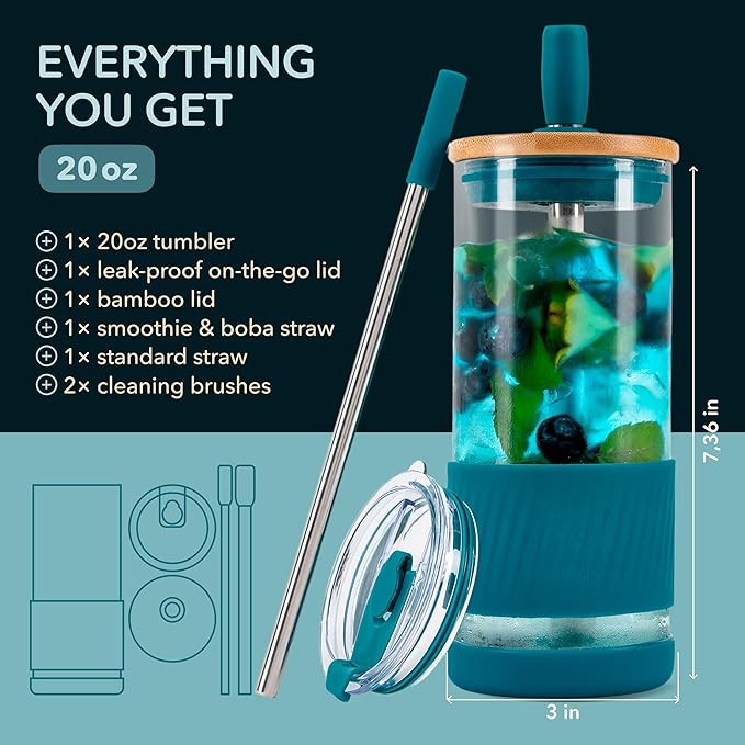 Pandaloo® Glass Cups With Lids and Straws -20 Fl Oz- Perfect Size Iced Coffee Cup - Smoothie Cup With Bamboo Lid and On the go Lid - Glass Tumbler With Straw (1 Count (Pack of 1), Intense Teal)