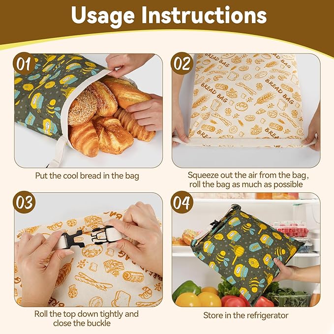 2 Pack Beeswax Bread Bags for Sourdough Homemade Bread, Reusable Natural Organic Linen, Food Storage Cloth Bag, Large Capacity Portable, Freezer-Friendly, Freshness Preservation