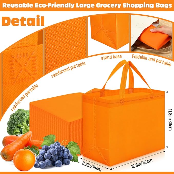 Windyun Reusable Grocery Bags Large Non Woven Shopping Bags with Handles Foldable Portable Tote Bulk, 12.6 x 11.8 x 6.3 Inch