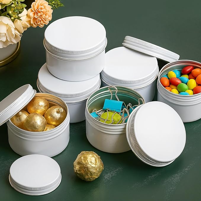 Patelai White Christmas Aluminum Tin Cans 24 Pcs 4 oz Round Metal Tin Jar Containers Refillable Aluminum Storage Cans with Screw Lid and 10 Sheets Label Sticker for Salve Spice Candy Candle