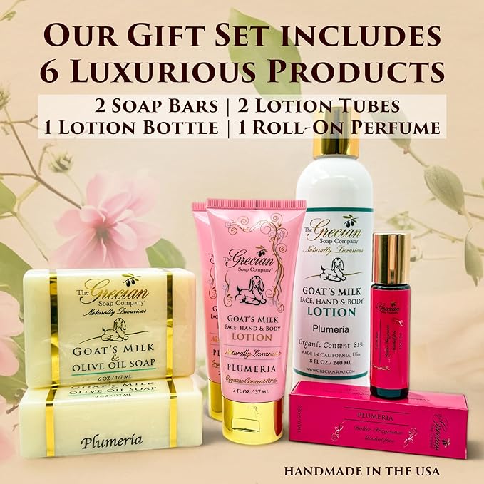 The Grecian Soap Company Deluxe Bathtub Gift Set – 6pcs Goat Milk & Olive Oil Skin Care Set, Spa Gifts, Bridal Shower Gifts Gifts for Mom, Birthday Gifts, Plumeria Scent, Handmade in the USA