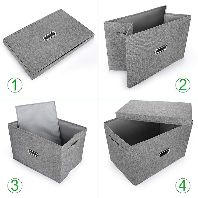 Large Linen Fabric Foldable Storage Bins with Removable Lid and Handles, Washable Storage Box Organizer Containers Baskets Cube with Cover for Bedroom,Closet,Nursery (Grey, XXL(2-Pack))