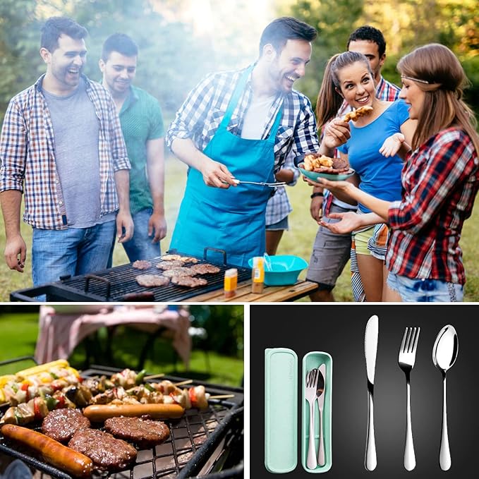 Travel Utensils with Case,SAOHYPEI Portable Silverware Set for Work, 4-Piece Stainless Steel Portable Cutlery Set,Lunch Box for Camping Work School, Include Fork Spoon Knife, Dishwasher Safe,Silver