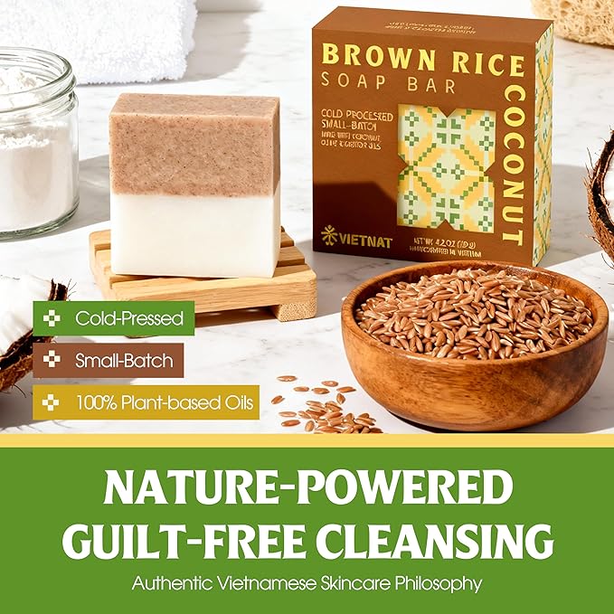 Brown Rice & Coconut Milk Soap Bar (Pack of 5) – 2-in-1 Exfoliating & Moisturizing Handmade Soap, Cold Process Bar with Brown Rice & Coconut Oil, Made in Vietnam