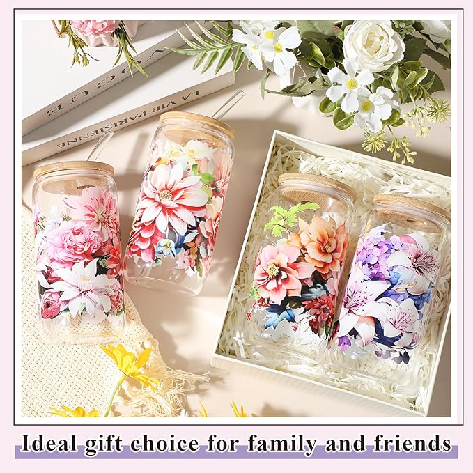 Mumufy 4 Pcs Gift for Women Bloom Floral Elegant Glass Cup Tumbler Blooming Garden 16 oz Iced Coffee Glass with Bamboo Lid & Straw, Mothers Day Birthday Gift for Mom Sister Bridesmaid Baby Shower