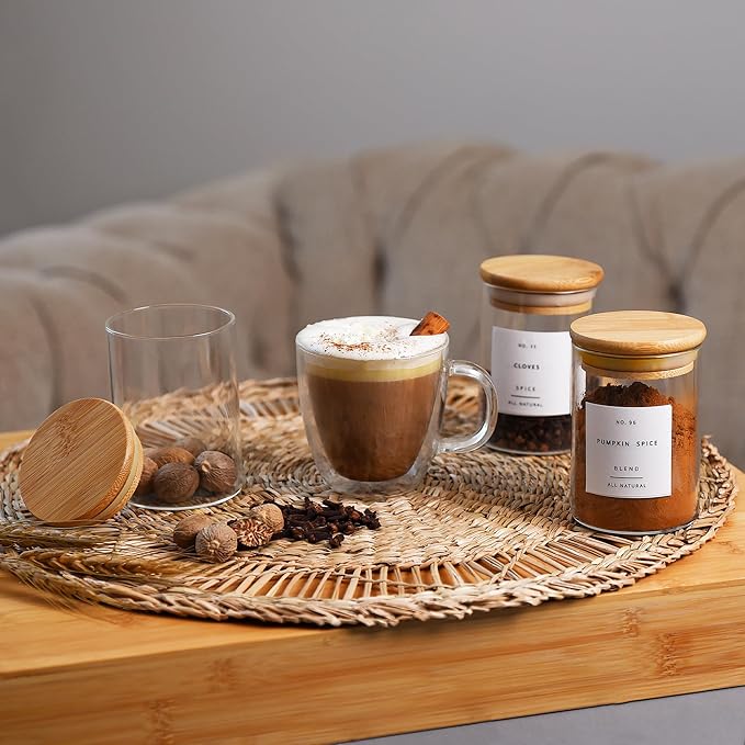 12 pcs Spice Jars | Glass Jar Bamboo Lids Food Storage Containers 7oz Glass Jar | Includes Pen and Decorative Labels | Dozen Spice Jars | Tea, Sugar, Salt, Herbs | Bonus Item