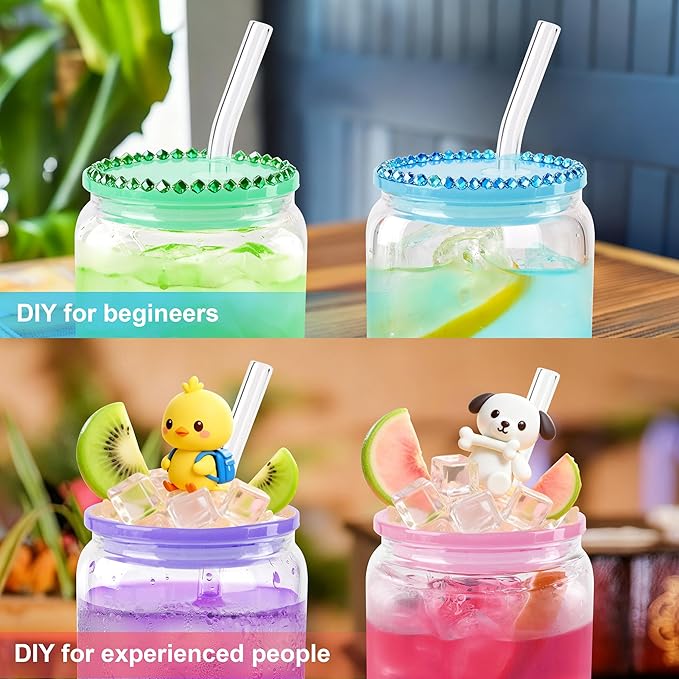 Joyclub 4 Pack Acrylic Lids for 16 oz /20 oz Glass Cups with Bamboo Lids and Straws Reusable Iced Coffee Cup Beer Can Drinking Glasses for Smoothie Whiskey Boba Soda Tea Gift (Candy Color)