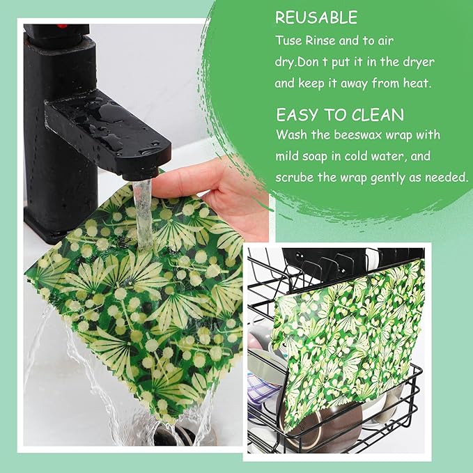 Reusable Beeswax Wrap, 4 Pack Eco-Friendly Beeswax Wraps For Food, Organic, Sustainable, Biodegradable, Zero Waste, Plastic-Free Food Storage (Flowers and Leaves)