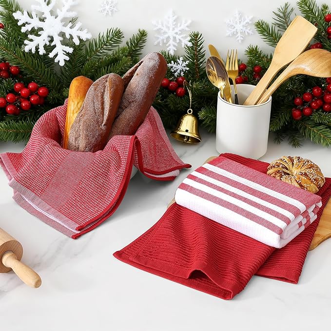 Homaxy Premium Kitchen Towels(18”x 28”, 6 Pack), Large Cotton 380 GSM Kitchen Hand Towels, Soft and Absorbent Terry Dish Towels, Multipurpose Tea Towel Set with Hanging Loop, Red