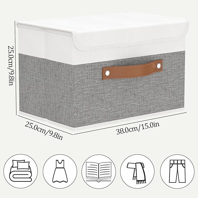 OUTBROS Large Collapsible Storage Box with Lid, Linen Fabric Wardrobe Organiser, Containers For Towels, Clothes, 15 x 9.8 x 9.8 inch (White/Grey, 5-Pack)
