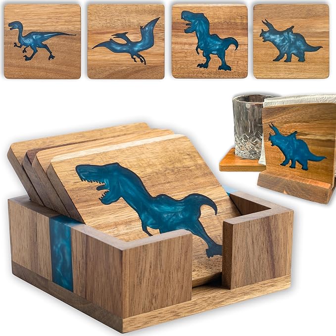 4Pcs Drink Coaster Set with Napkin Holder Conversion Base Acacia Wood with Unique Resin Dinosaurs Design for Kinds of Cups Tabletop Protection and Decor for Coffee Table Ideas for Gifts