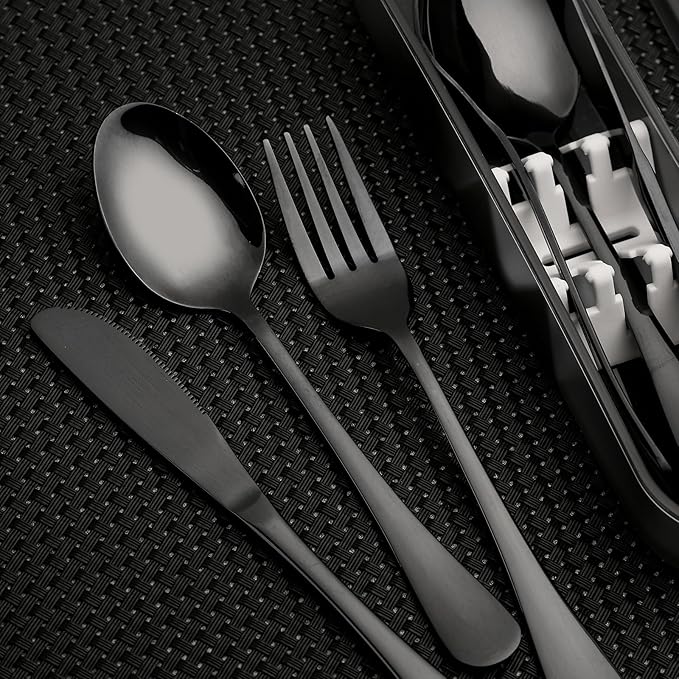 Portable Utensils Set with Case, 4pcs Stainless Steel Reusable Silverware for Lunch Camping School Picnic Workplace, Lunch Box Includ Fork Spoon Knife,Easy to clean,Dishwasher Safe (grey)