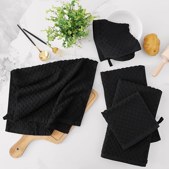 Fintale 100% Cotton Kitchen Towels and Dishcloths Set, 12 x 12 & 15 x 25 Inches, Set of 8 Bulk Super Soft and Absorbent Terry Cloth Dish Towels, Quick Drying Hand Towels with Hanging Loop, Black