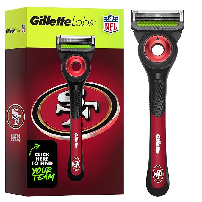 Gillette Labs Special NFL 49ers Edition Shaving Razor for Men - 1 Handle, 4 Razor Blade Refills & Magnetic Stand, Holiday Gifts for Men, GilletteLabs with Exfoliating Bar