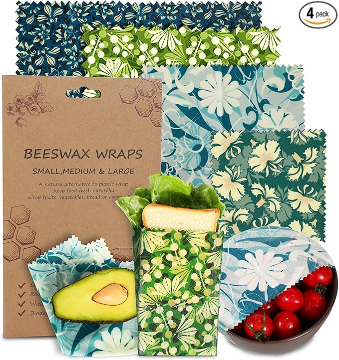 Reusable Beeswax Wrap, 4 Pack Eco-Friendly Beeswax Wraps For Food, Organic, Sustainable, Biodegradable, Zero Waste, Plastic-Free Food Storage (Flowers and Leaves)