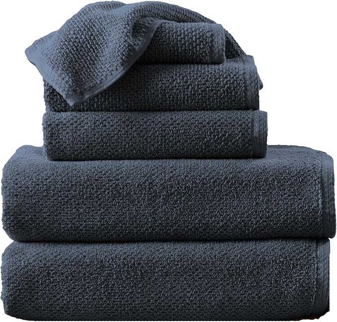 Navy Bath Towels - 100% Cotton 6 Piece Towel Set - 2 Bath Towels, 2 Hand Towels, 2 Washcloths - Absorbent, Quick-Drying, Durable Towel for Bathroom Decor - Low-Twist, Two-Ply Fibers (Stone Blue)