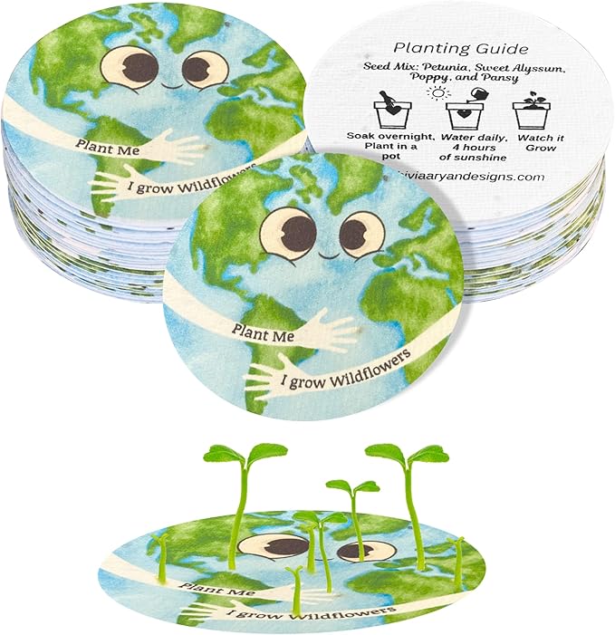 25 Plantable Seed Paper Cards- Earth Circles with Wildflower Seeds, Craft Activity, Educational Garden Party Favor, School Crafts - 2.5 inch