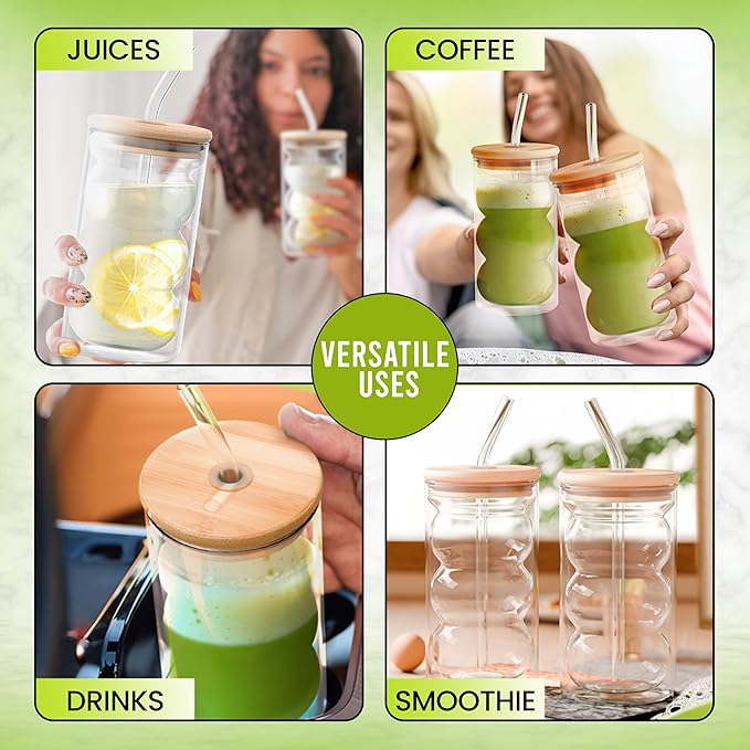 HAPPY PATH & CO. 2 Double Wall Glass Cups with Lids and Straws 16oz (480ml) - Glasses Drinking Set | Glass Tumbler with Bamboo Lid | Ribbed Bubble Glass Cups for Matcha, Coffee and Other Smoothies