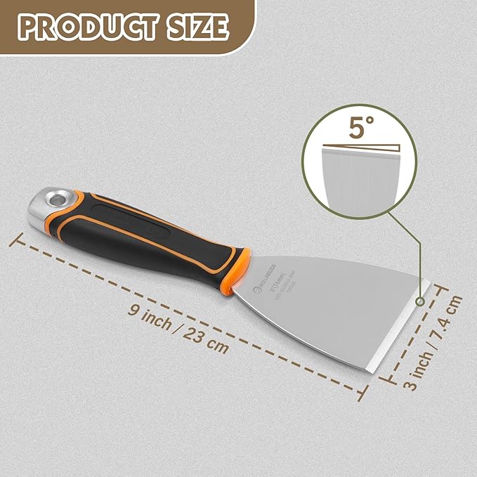 ROLLINGDOG 3" Angled Stiff Chisel Scraper, 5 Degree Angled Putty Knife with Metal Hammer Cap, Rubber Gripped Handle, Paint Scraper into Corners
