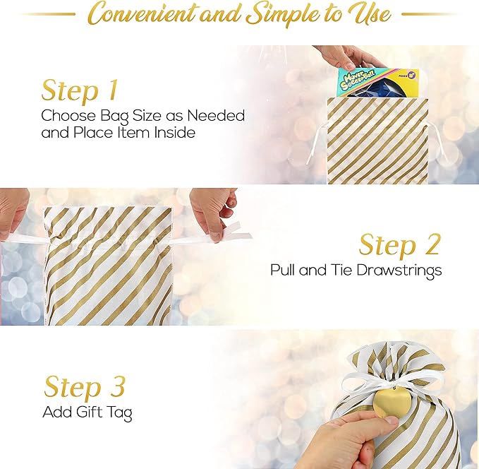 Fabric Gift Bags for Christmas Presents - 6 Pcs Drawstring Fabric Bags, Large Christmas Gift Bags for Presents, Reusable Gift Wrap Bags for Gifts (Gold, Assorted Sizes)