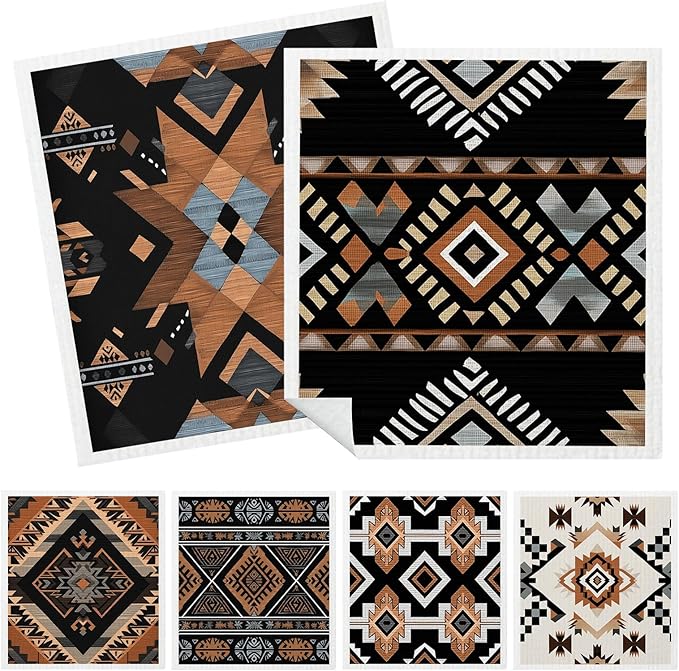 Mixed Western Aztec Swedish Kitchen Dishcloths Dish Towels 6 Pack, Aztec Dish Towels for Kitchen, Western Swedish Dishcloth, Paper Towels Reusable, Dish Cloth Towel Cleaning Wipe for Home Party
